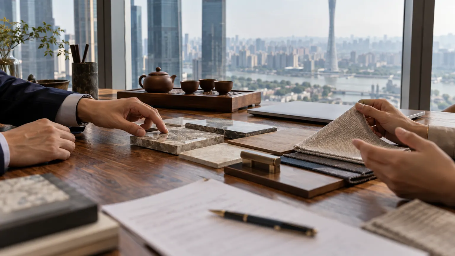 Hands reviewing marble and fabric samples on a wooden table, with a tea set and a window view of Guangzhou's skyline.