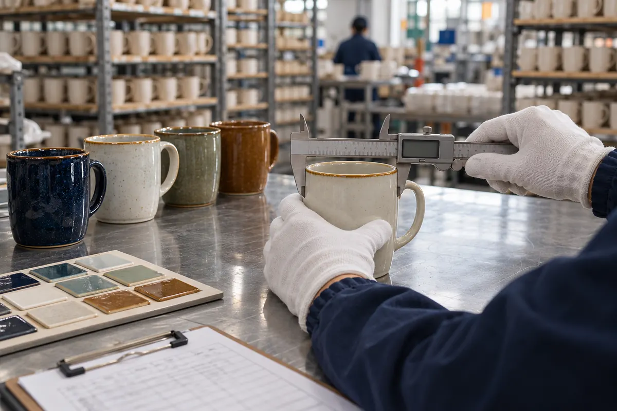 Ceramic mugs, a digital caliper and a colour card on a stainless inspection table, with a worker's sleeve at the edge of the frame