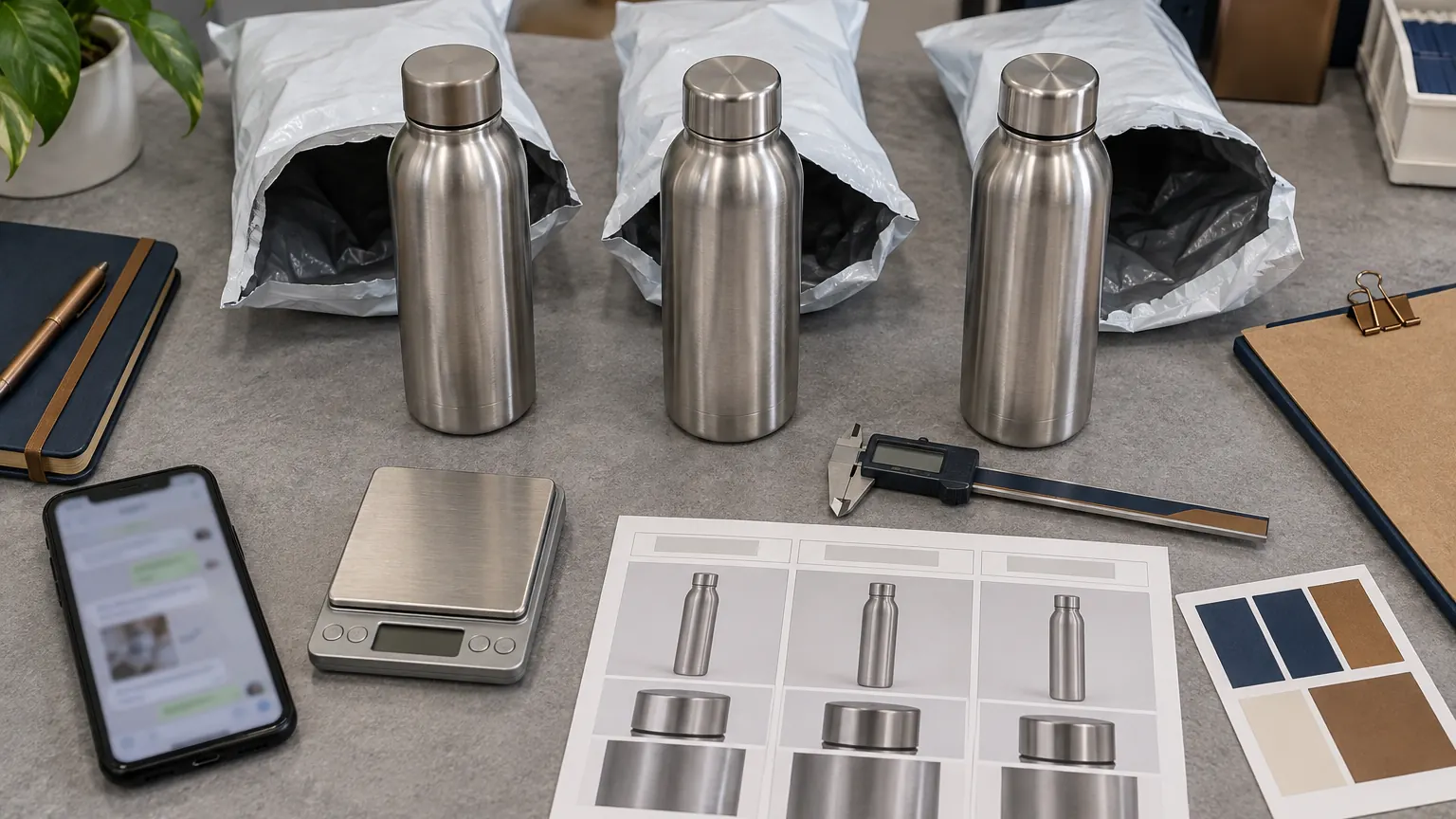 Three near-identical water bottle samples beside their opened courier pouches on an inspection desk, with a caliper and a scale