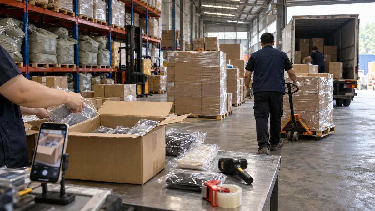 A warehouse check table with an opened carton and a phone photographing its contents, beside stretch-wrapped pallets and tall racking