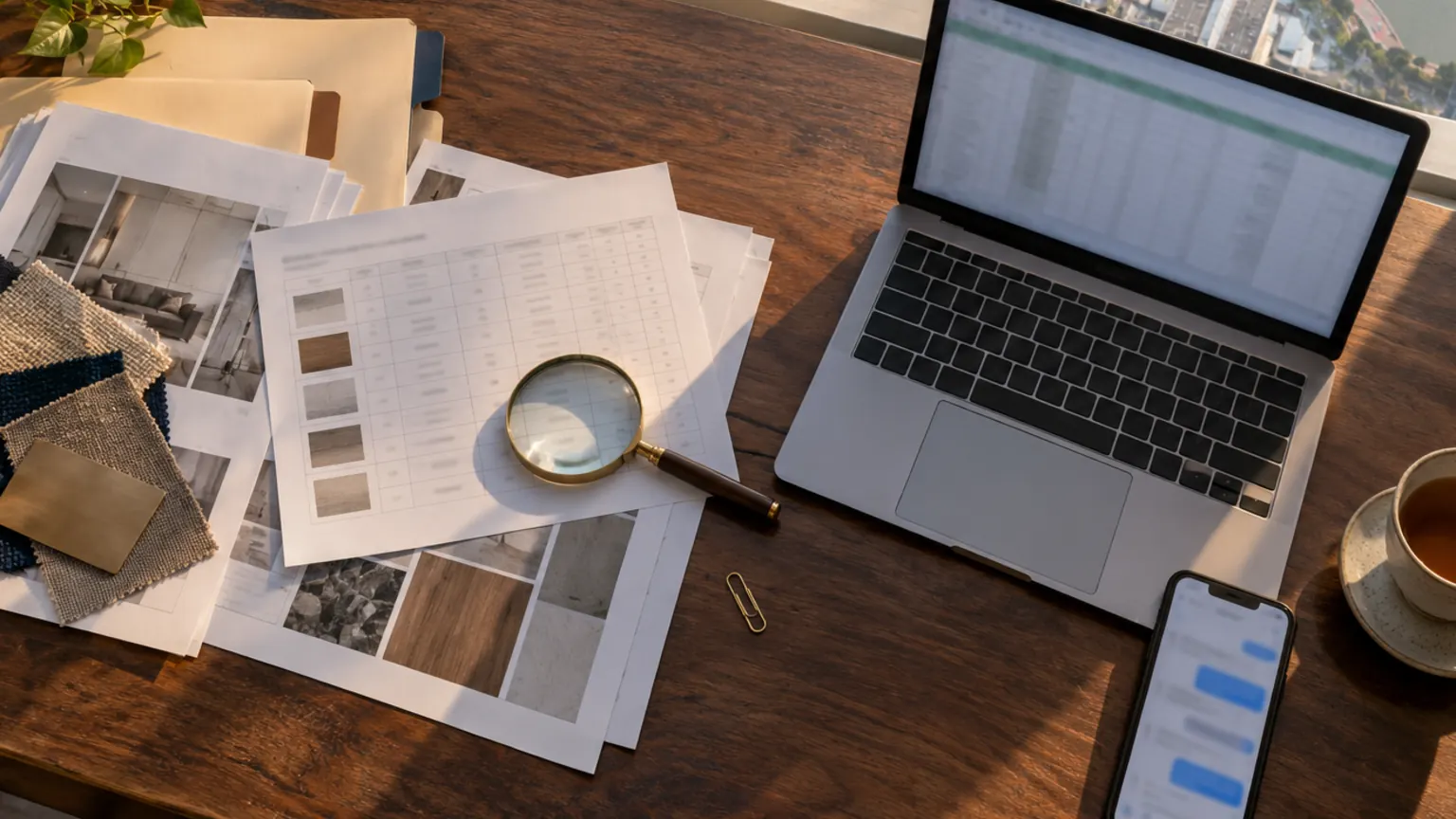 A desk with product spec sheets, a magnifying glass, a laptop and a phone beside a cup of tea, with a window view of the city.