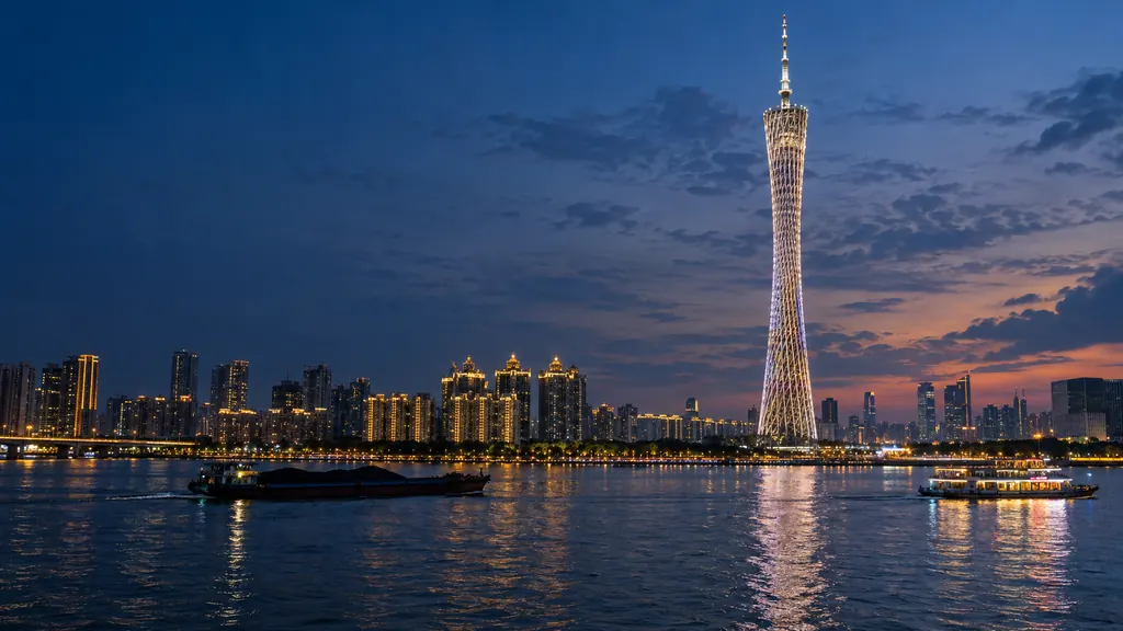 The Canton Tower lit at blue hour across the Pearl River in Guangzhou, with a cargo barge and a sightseeing boat on the water